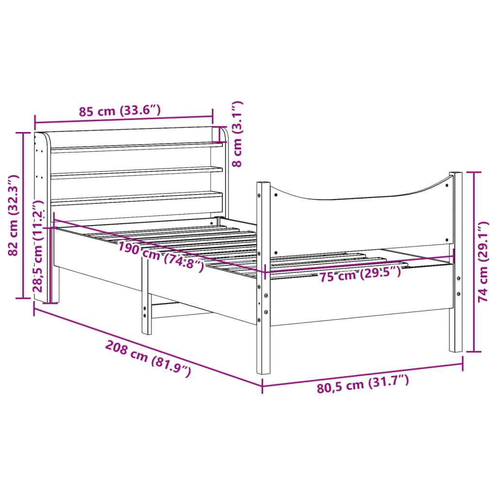 vidaXL Bed Frame with Headboard Wax Brown 75x190 cm Small Single Solid Wood Pine