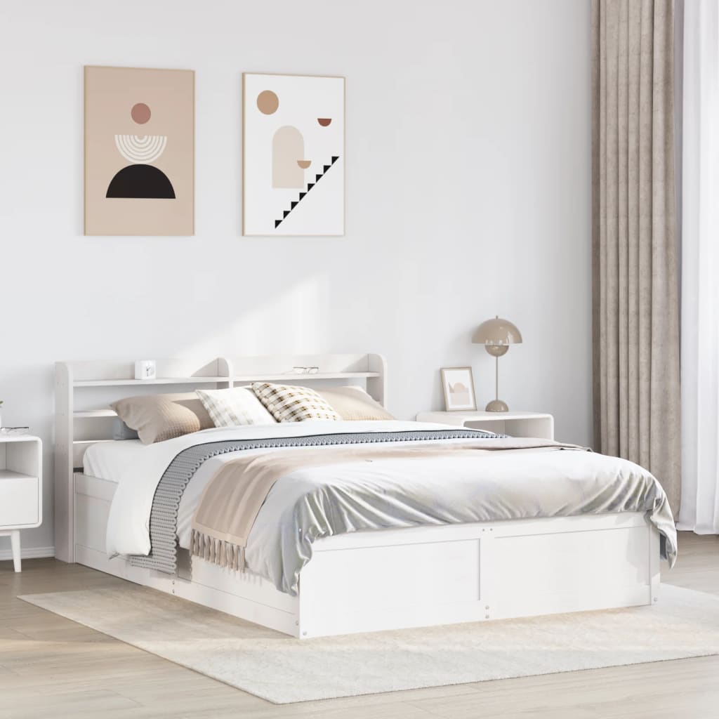 vidaXL Bed Frame with Headboard White 135x190 cm Double Solid Wood Pine