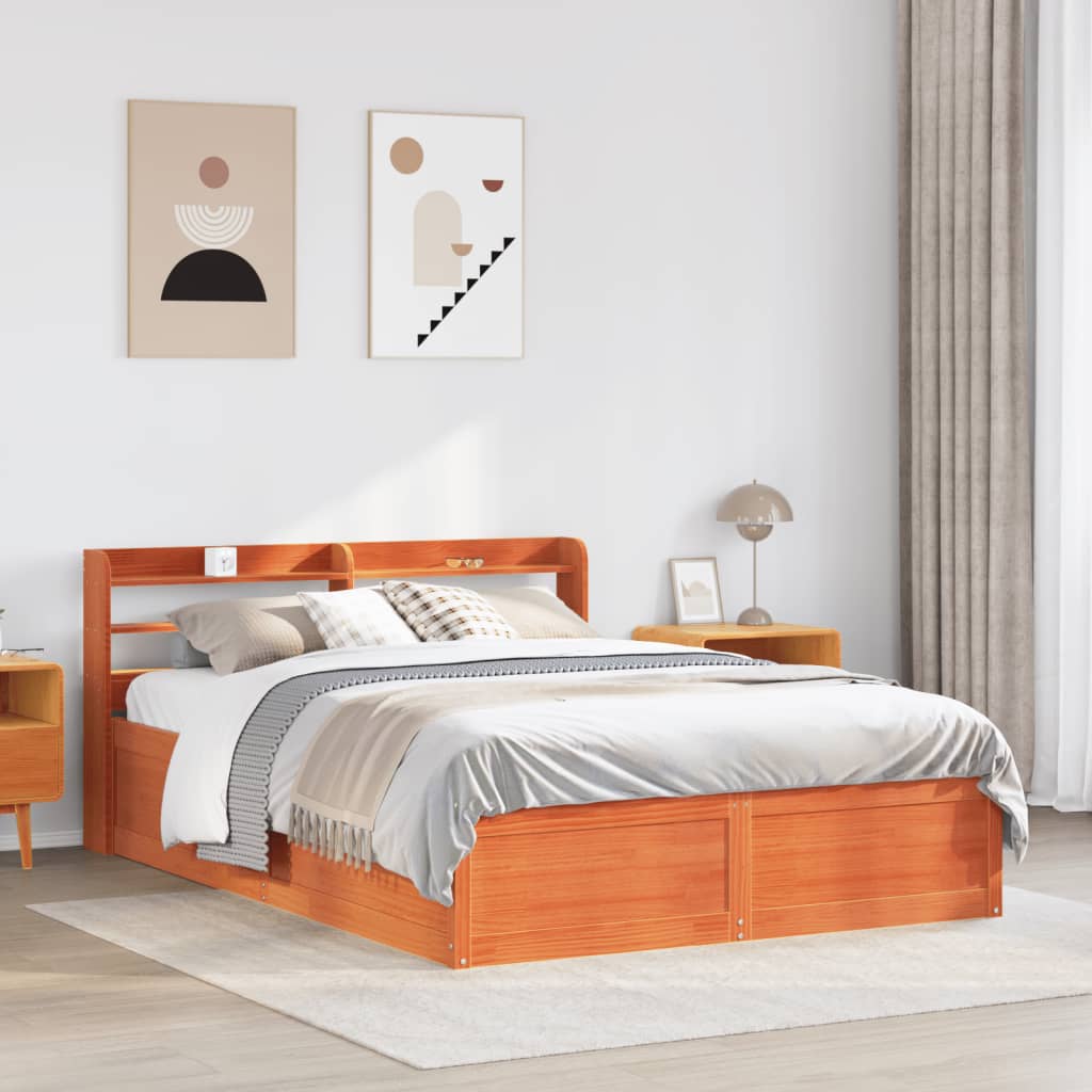 vidaXL Bed Frame with Headboard Wax Brown 135x190 cm Double Solid Wood Pine