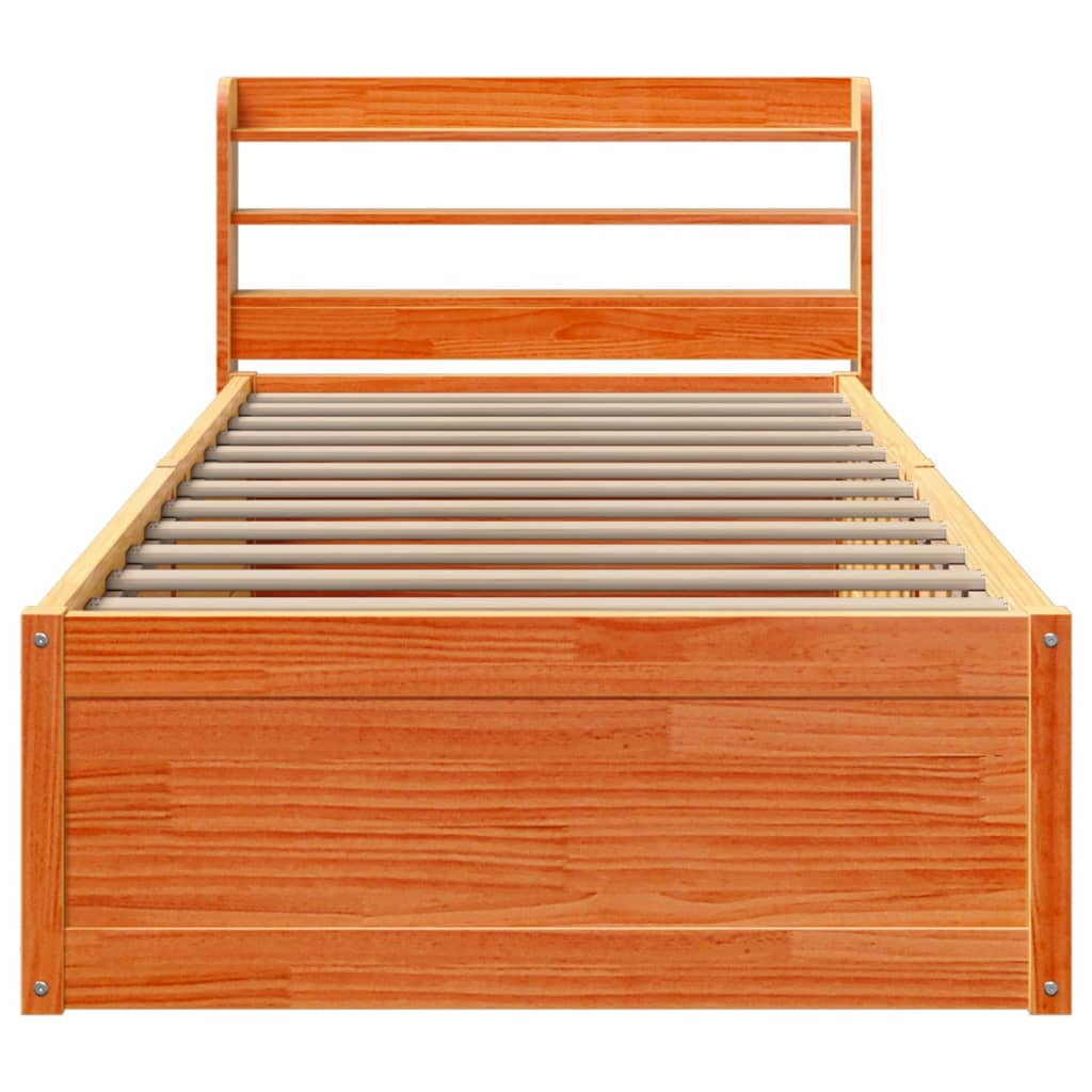 vidaXL Bed Frame with Headboard Wax Brown 75x190 cm Small Single Solid Wood Pine
