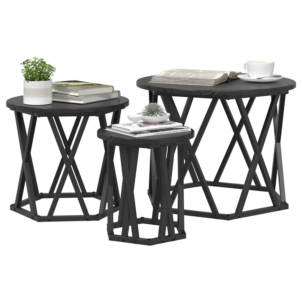 vidaXL Nesting Side Table 3 pcs Black Oak Engineered Wood and Steel