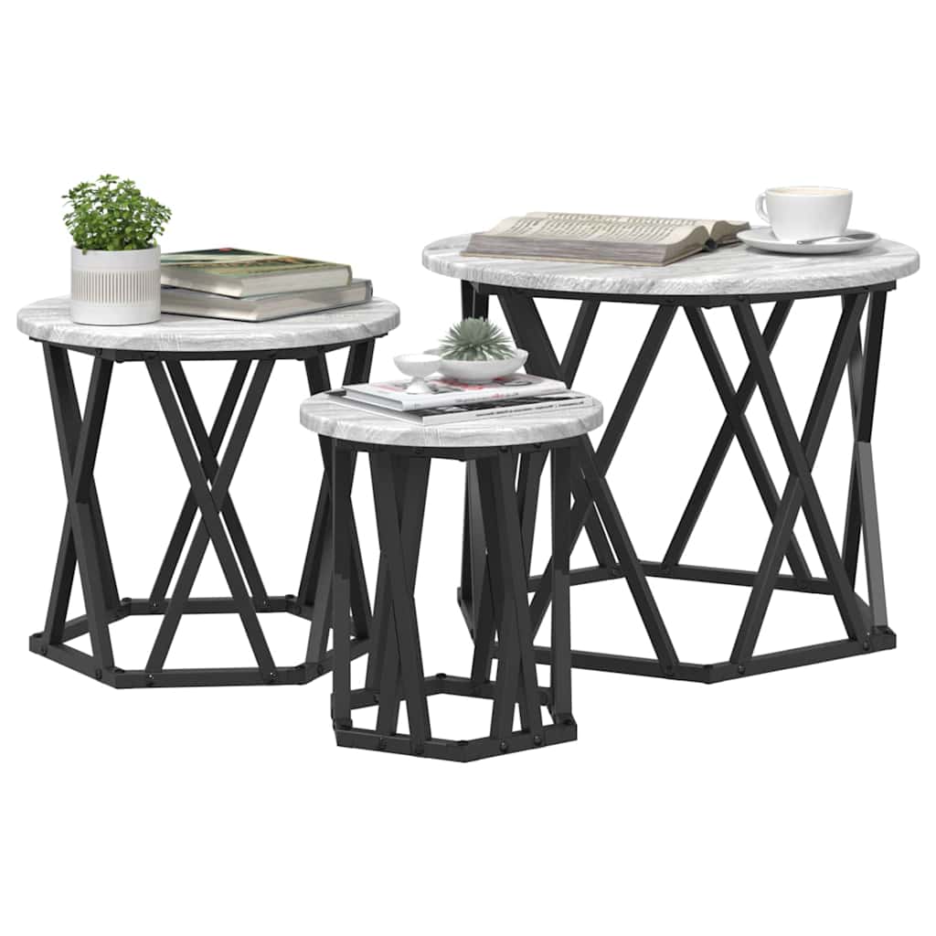 vidaXL Nesting Side Table 3 pcs Grey Sonoma Engineered Wood and Steel