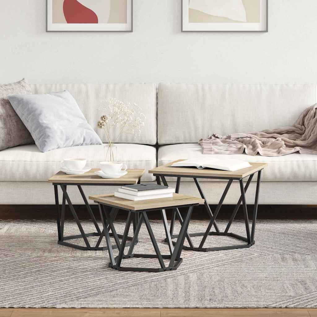 vidaXL Coffee Table 3 pcs Sonoma Oak Engineered Wood and Steel