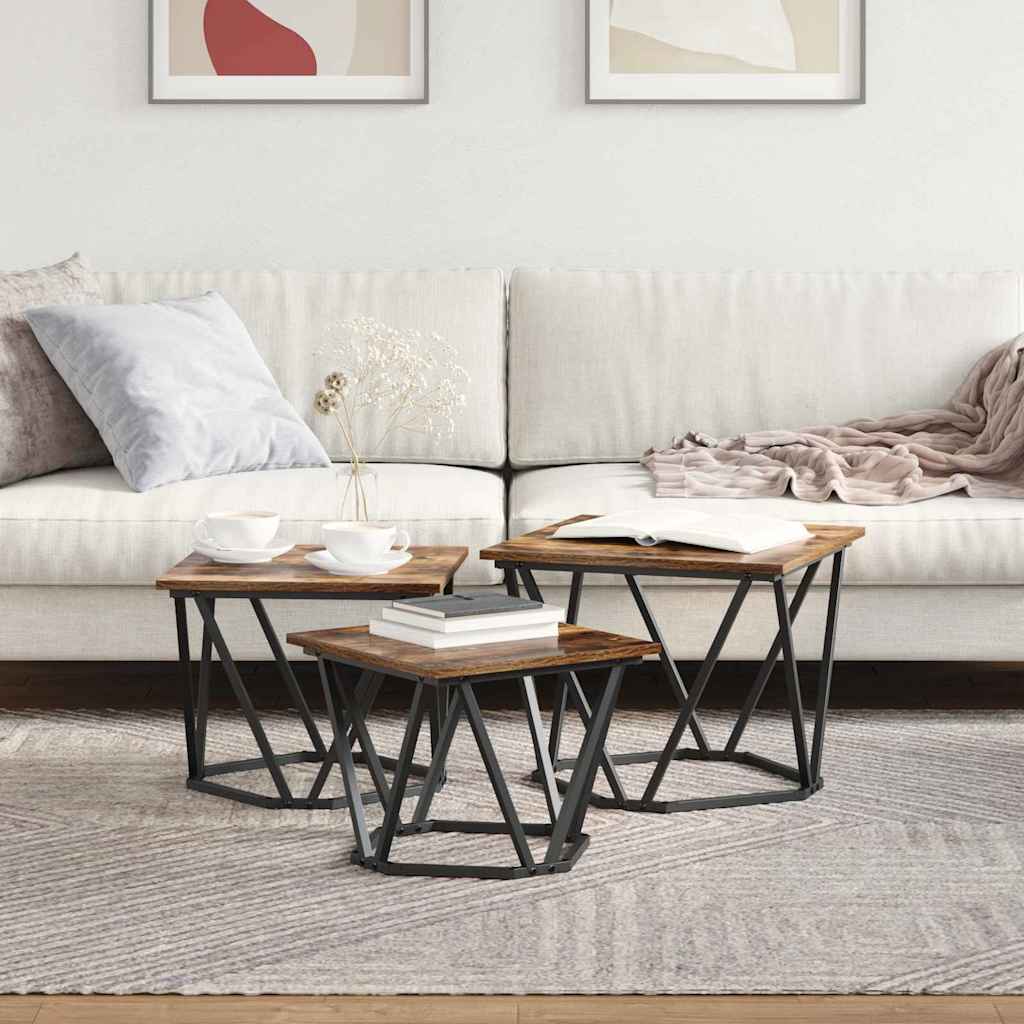 vidaXL Coffee Table 3 pcs Smoked Oak Engineered Wood and Steel