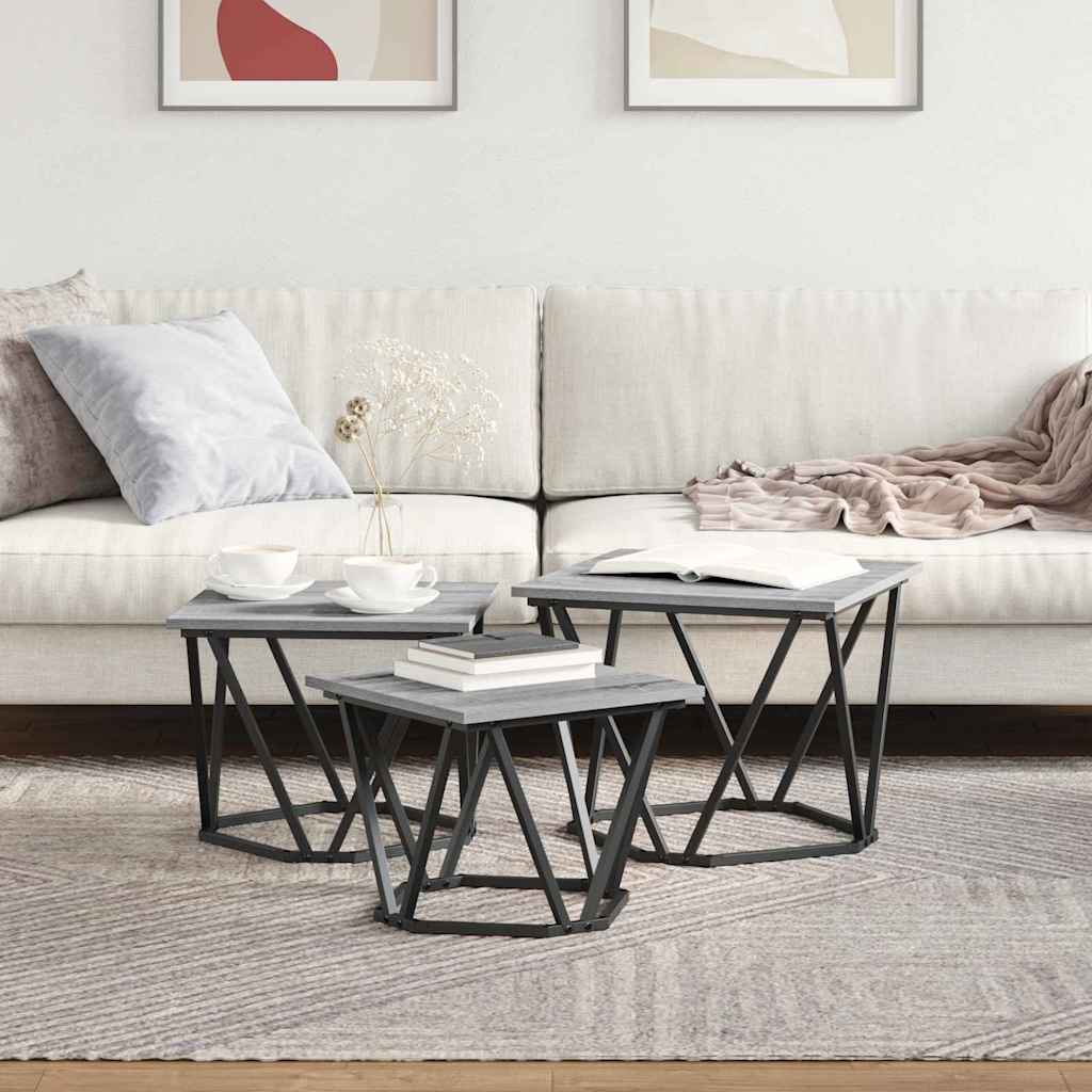 vidaXL Coffee Table 3 pcs Grey Sonoma Engineered Wood and Steel