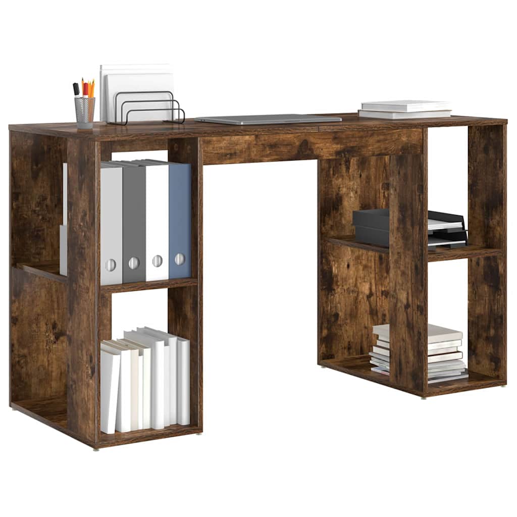 vidaXL Desk with Shelf Smoked Oak 130 x 50.5 x 75 cm Engineered Wood
