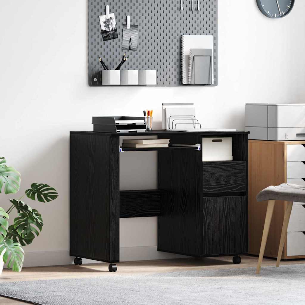 vidaXL Desk with Wheels Black Oak Engineered Wood 91 x 50 x 77 cm