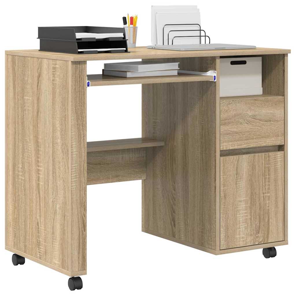 vidaXL Desk with Wheels Sonoma Oak Engineered Wood 91 x 50 x 77 cm