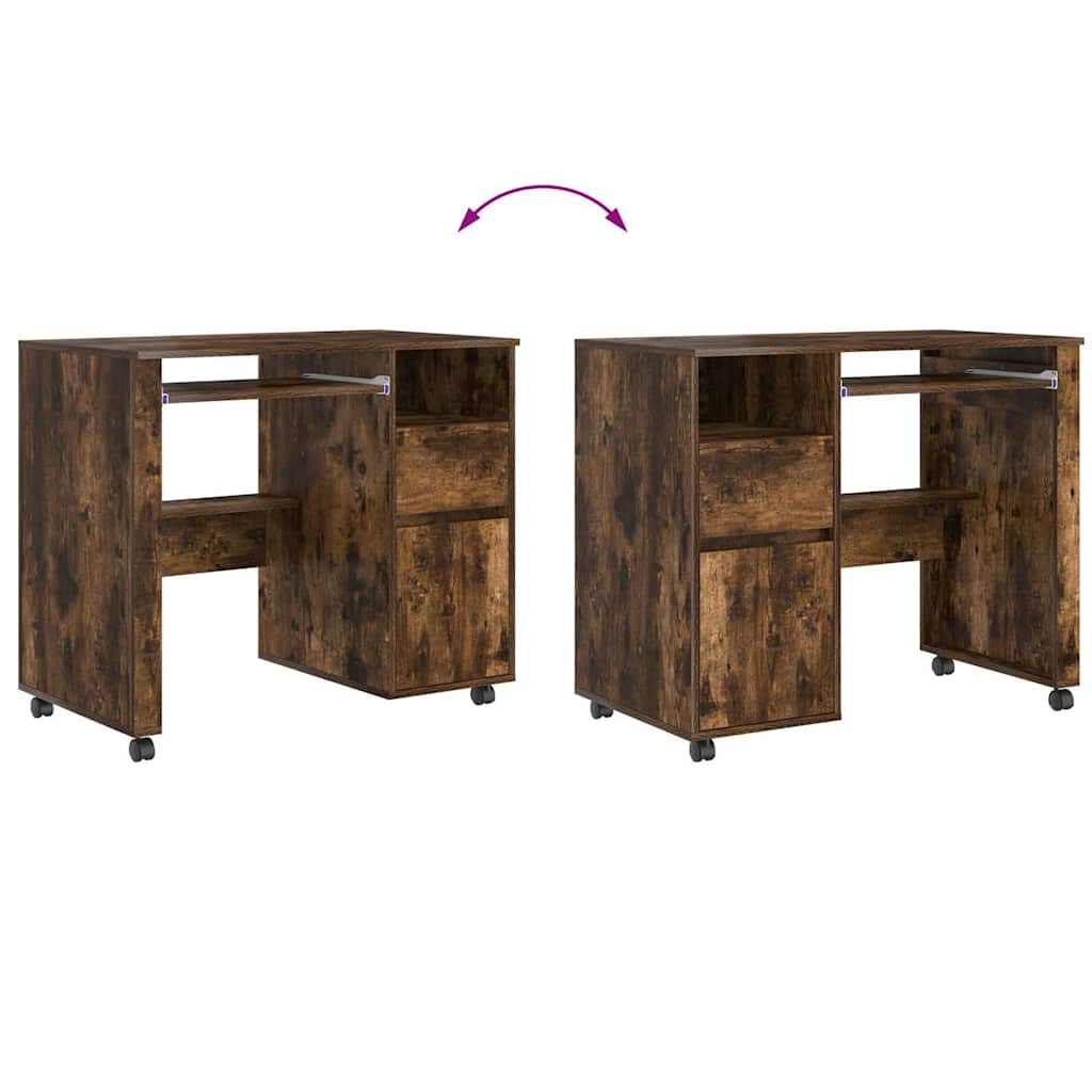 vidaXL Desk with Wheels Smoked Oak Engineered Wood 91 x 50 x 77 cm