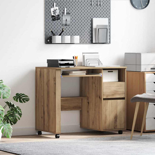 vidaXL Desk with Wheels Artisan Oak Engineered Wood 91 x 50 x 77 cm