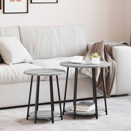 vidaXL Side Table Set with Shelf 2 pcs Grey Sonoma and Black