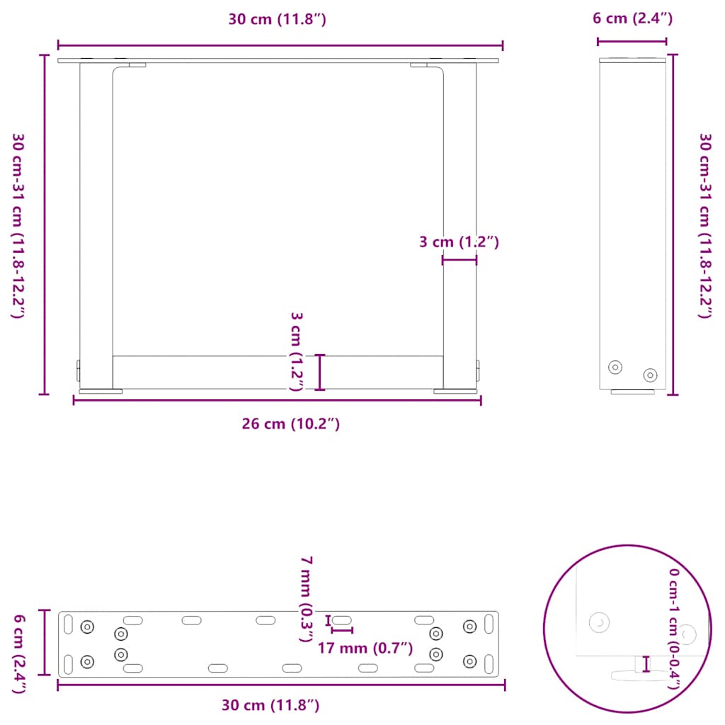 vidaXL Coffee Table Legs U-Shaped 2 pcs Black 30x(30-31) cm Steel