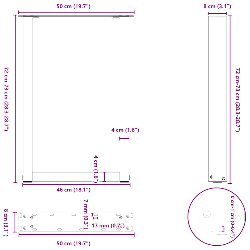 vidaXL Dining Table Legs U-Shaped 2 pcs Black 50x(72-73) cm Steel