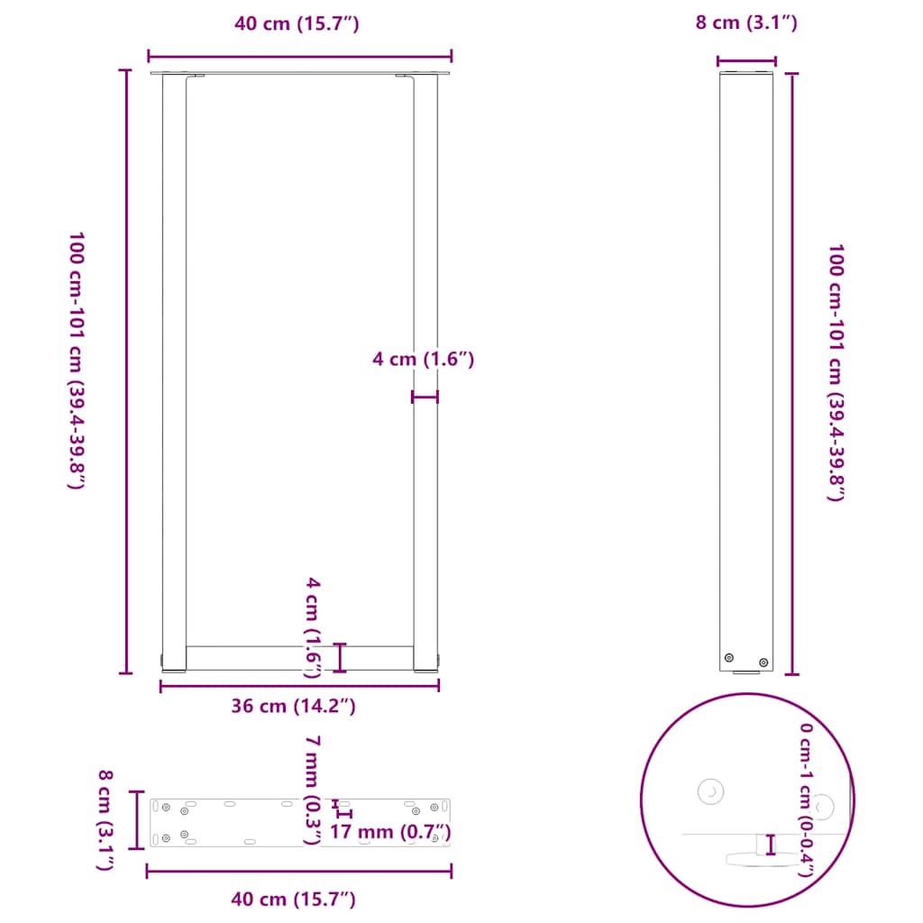 vidaXL Bar Table Legs U-Shaped 2 pcs Natural Steel 40x(100-101) cm Steel