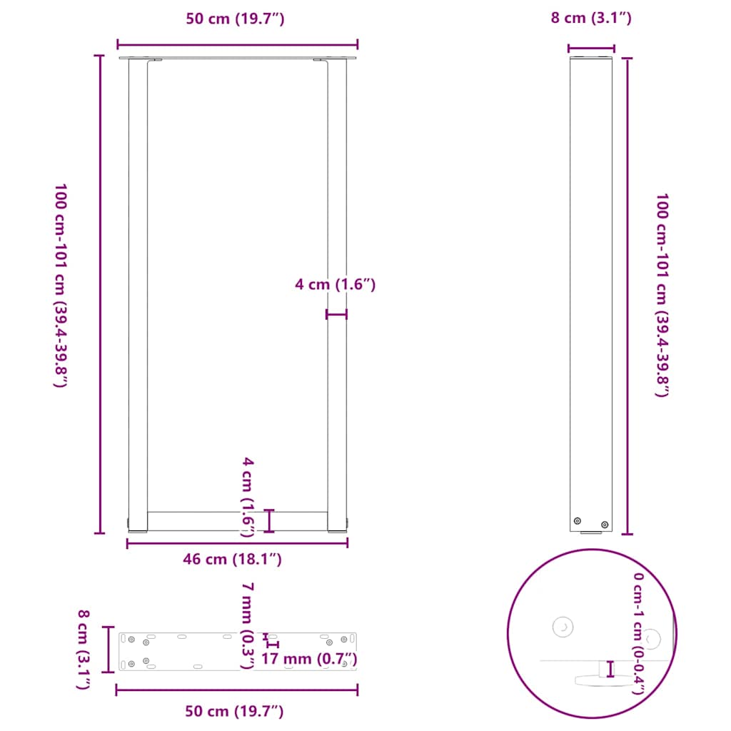 vidaXL Bar Table Legs U-Shaped 2 pcs Black 50x(100-101) cm Steel