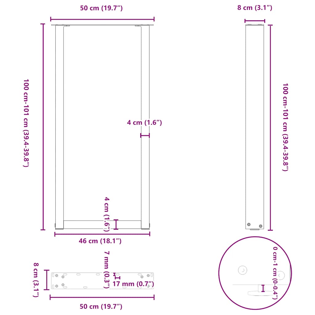 vidaXL Bar Table Legs U-Shaped 2 pcs Natural Steel 50x(100-101) cm Steel