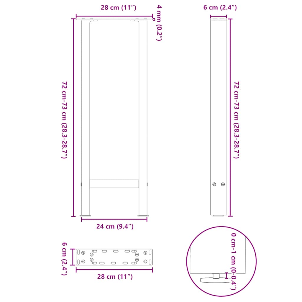 vidaXL Console Table Legs Black 2 pcs 28x(72-73) cm Steel