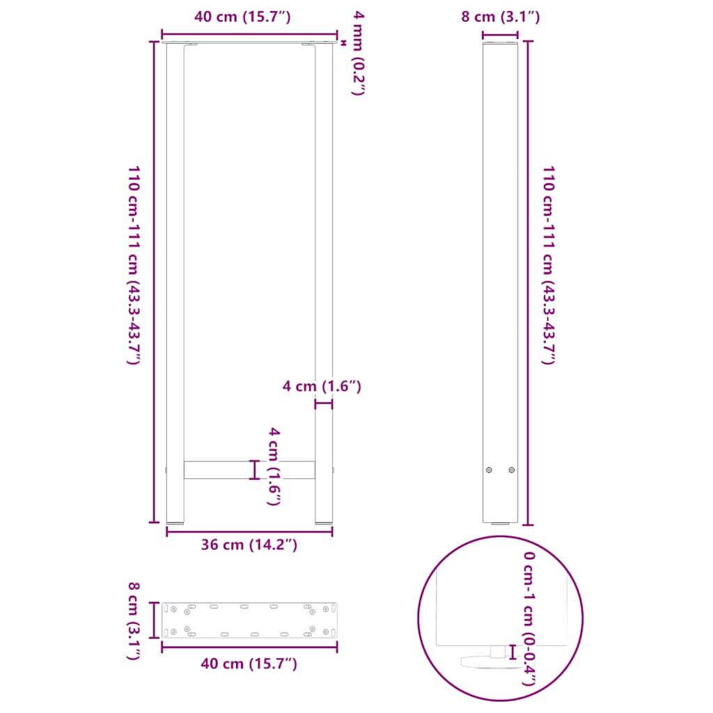 vidaXL Bar Table Legs Anthracite 2 pcs 40x(110-111) cm Steel