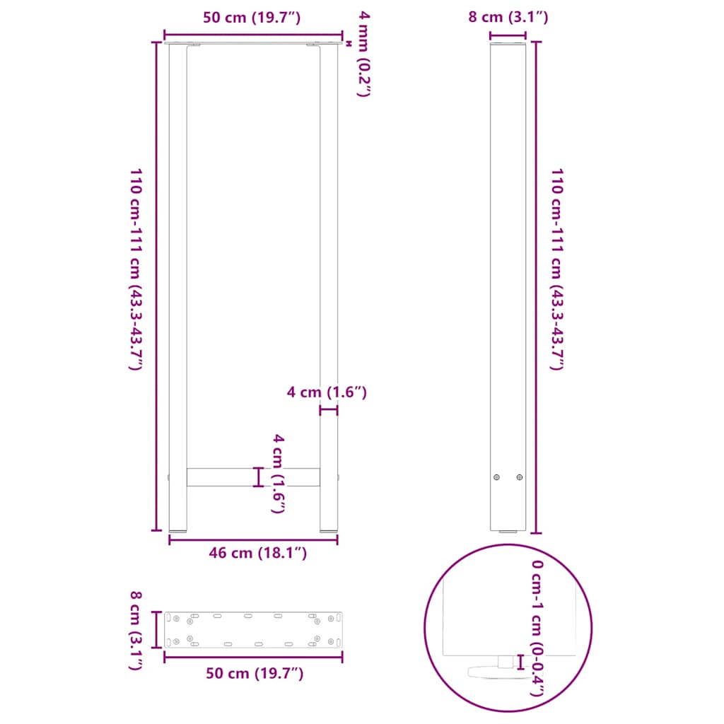 vidaXL Bar Table Legs Anthracite 2 pcs 50x(110-111) cm Steel