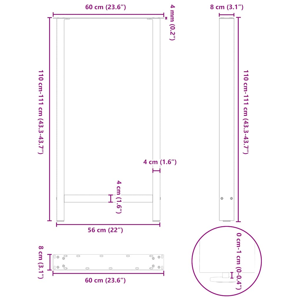 vidaXL Bar Table Legs White 2 pcs 60x(110-111) cm Steel