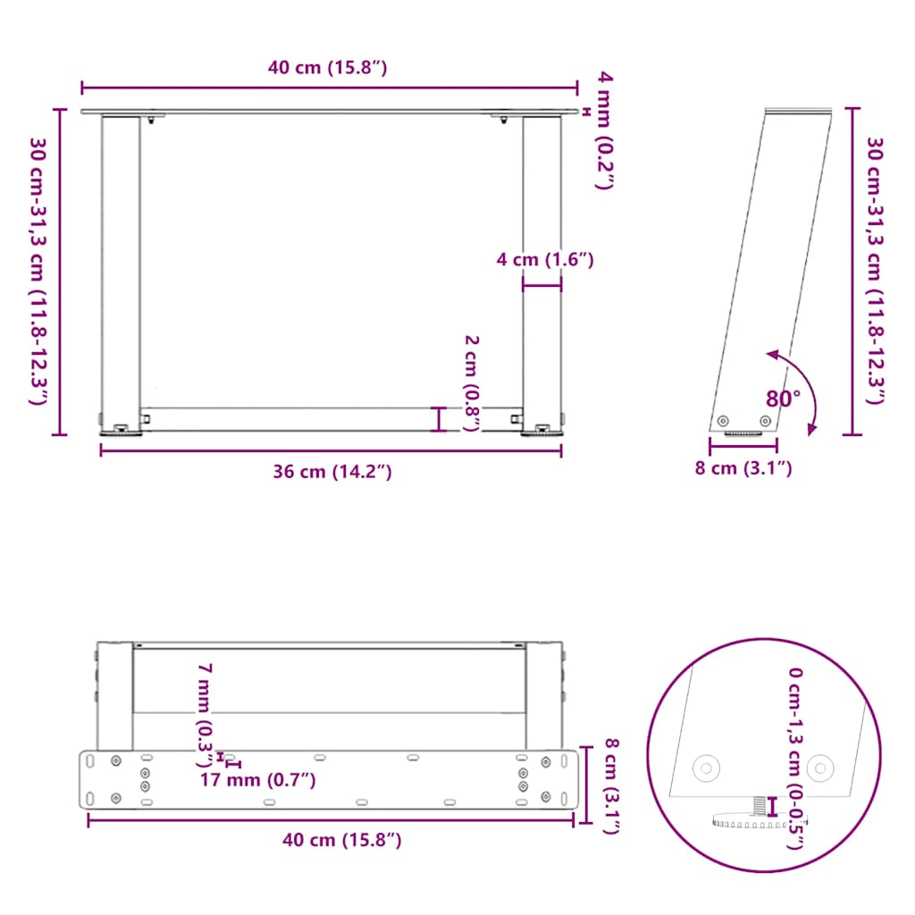 vidaXL Coffee Table Legs U-Shaped 2 pcs White 40x(30-31) cm Steel