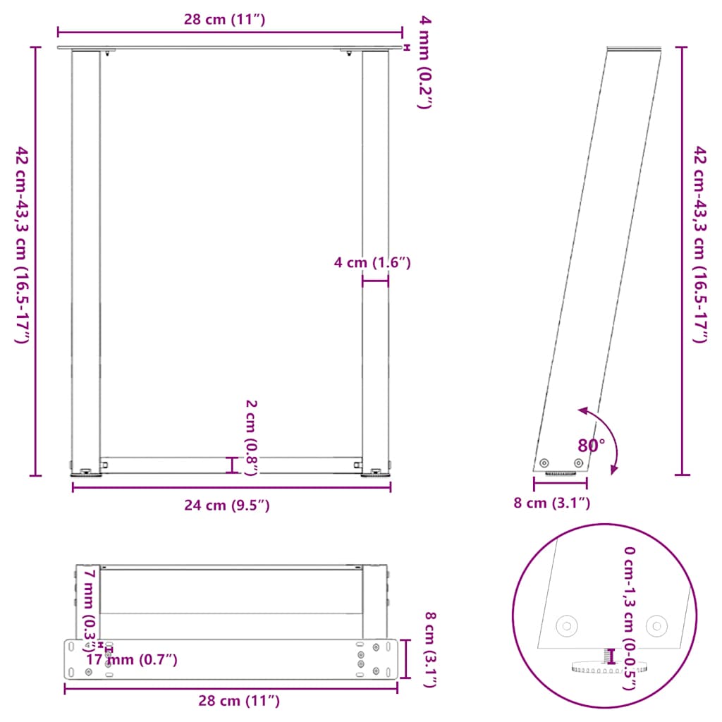 vidaXL Coffee Table Legs U-Shaped 2 pcs Black 28x(42-43) cm Steel