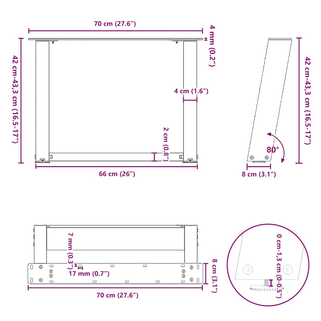 vidaXL Coffee Table Legs U-Shaped 2 pcs Black 70x(42-43) cm Steel