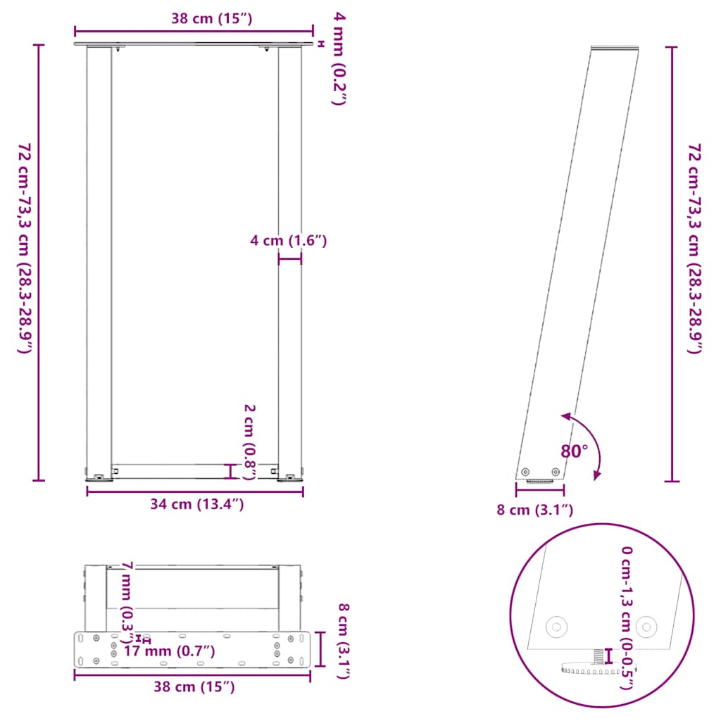 vidaXL Console Table Legs U-Shaped 2 pcs Natural Steel 38x(72-73) cm Steel