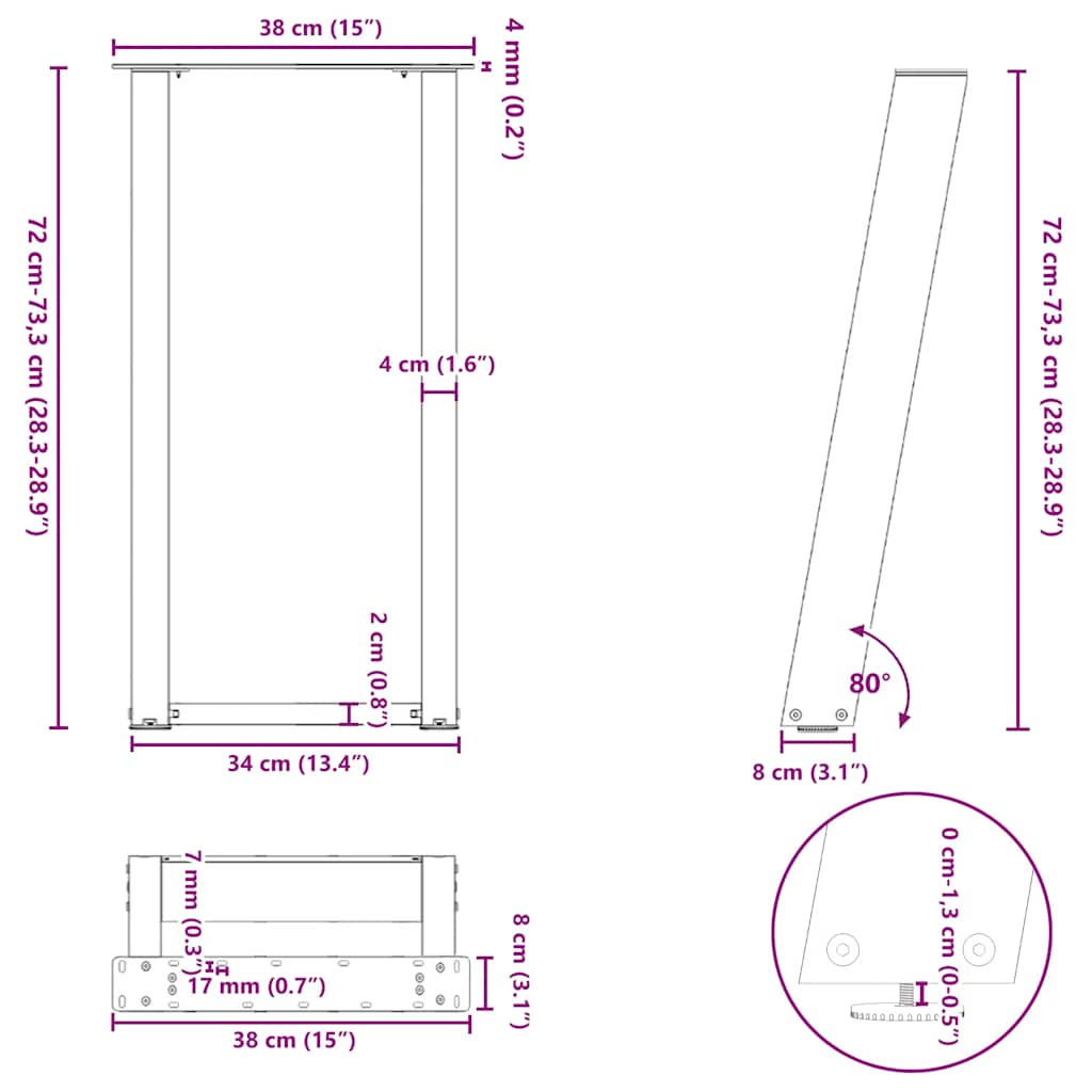 vidaXL Console Table Legs U-Shaped 2 pcs Natural Steel 38x(72-73) cm Steel