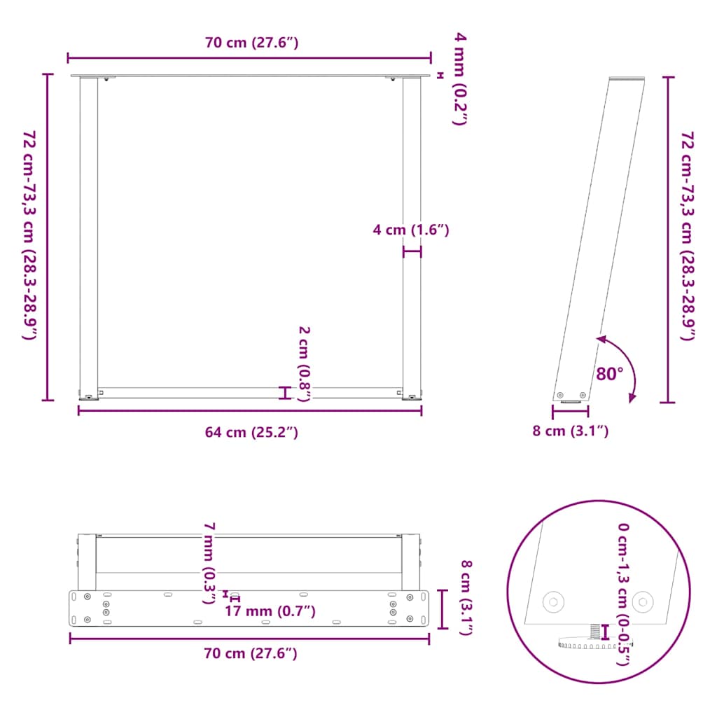 vidaXL Dining Table Legs U-Shaped 2 pcs Natural Steel 70x(72-73) cm Steel