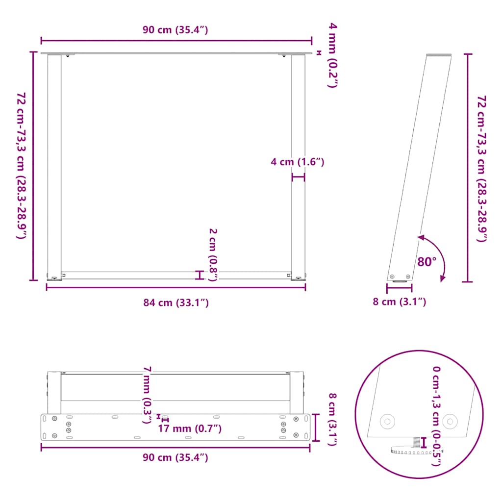 vidaXL Dining Table Legs U-Shaped 2 pcs Black 90x(72-73) cm Steel