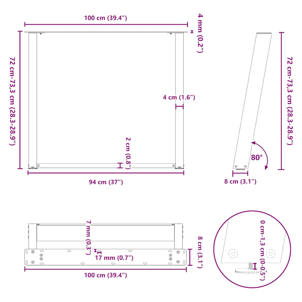 vidaXL Dining Table Legs U-Shaped 2 pcs Anthracite 100x(72-73) cm Steel