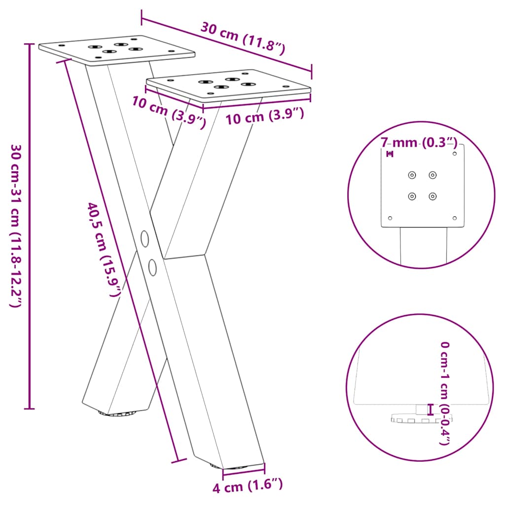 vidaXL Coffee Table Legs X-Shaped 2 pcs Natural Steel 30x(30-31) cm Steel