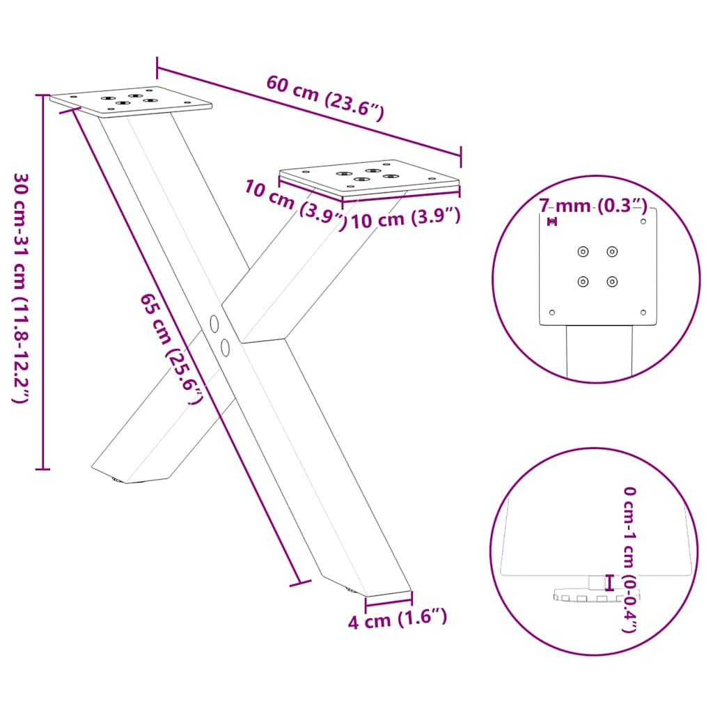vidaXL Coffee Table Legs X-Shaped 2 pcs Natural Steel 60x(30-31) cm Steel