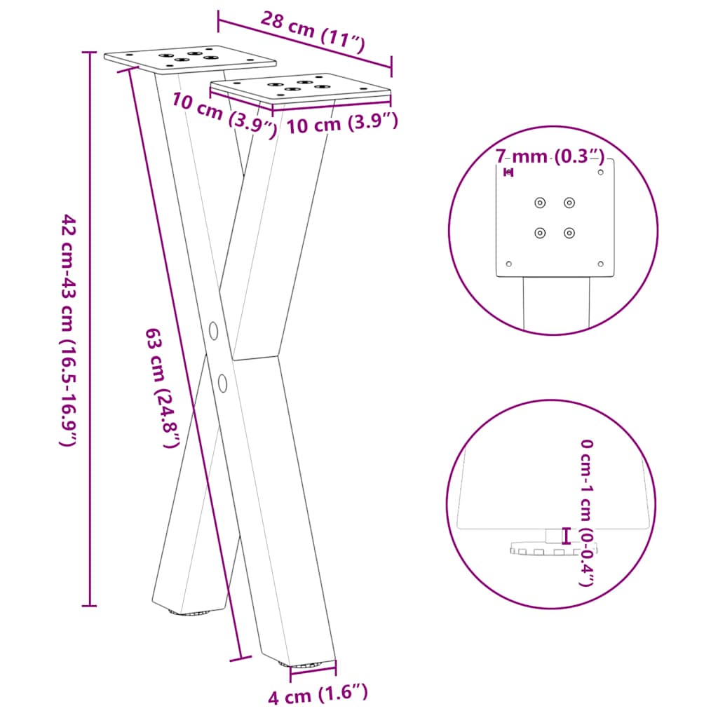 vidaXL Coffee Table Legs X-Shaped 2 pcs Black 28x(42-43) cm Steel