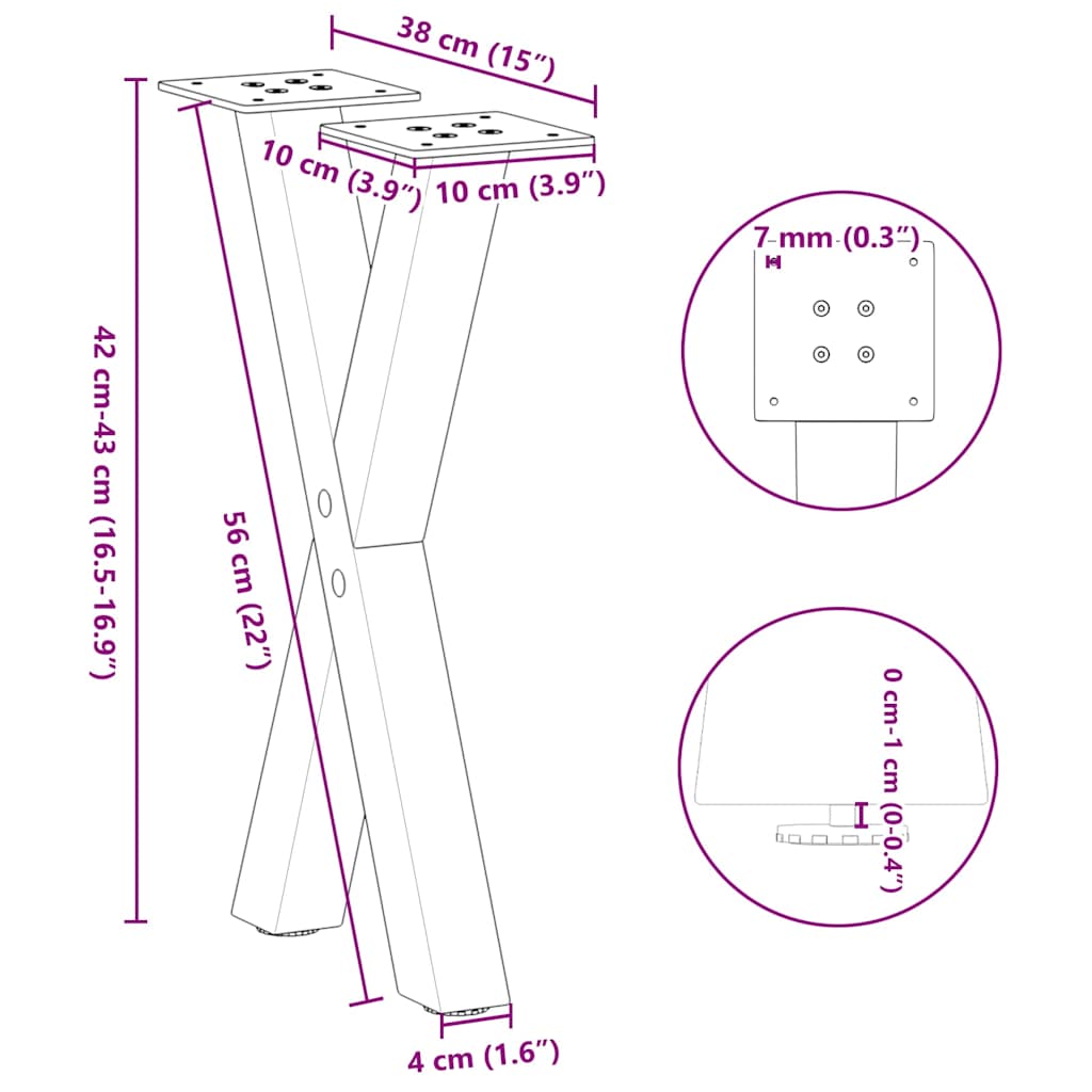 vidaXL Coffee Table Legs X-Shaped 2 pcs Black 38x(42-43) cm Steel