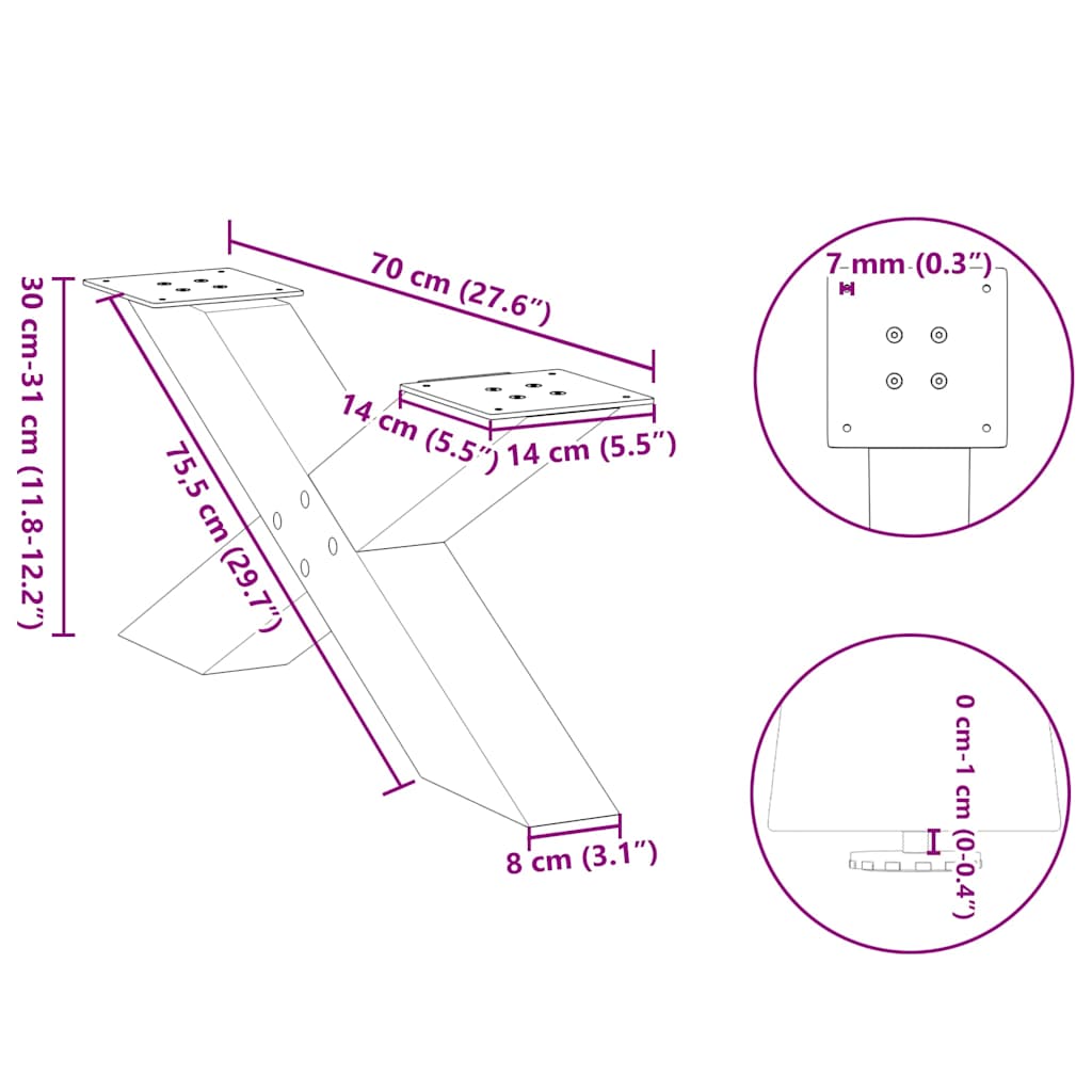 vidaXL Coffee Table Legs X-Shaped 2 pcs Natural Steel 70x(30-31) cm Steel