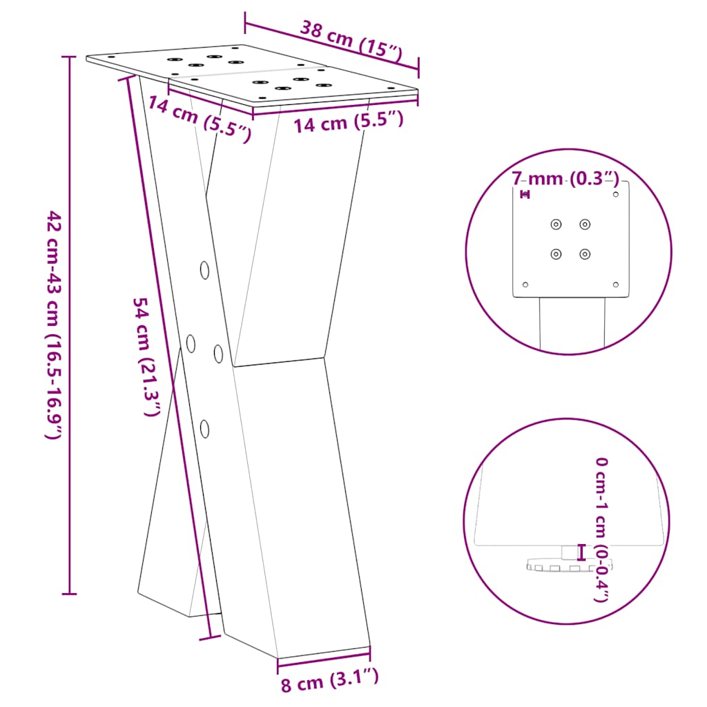 vidaXL Coffee Table Legs X-Shaped 2 pcs Natural Steel 38x(42-43) cm Steel