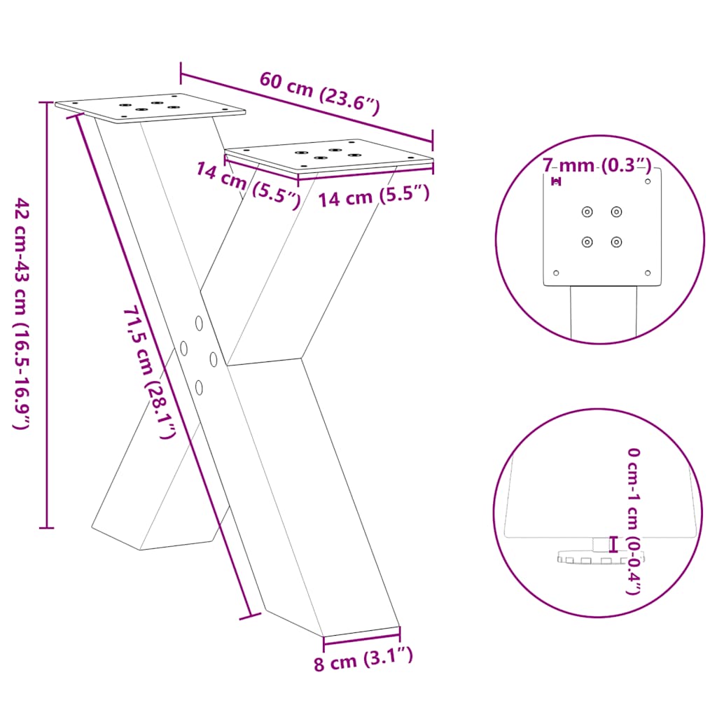 vidaXL Coffee Table Legs X-Shaped 2 pcs Natural Steel 60x(42-43) cm Steel