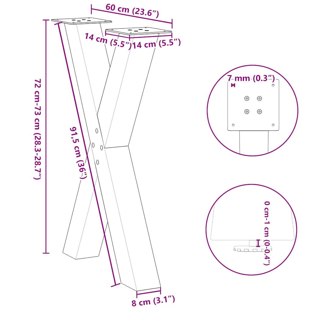 vidaXL Dining Table Legs X-Shaped 2 pcs Natural Steel 60x(72-73) cm Steel