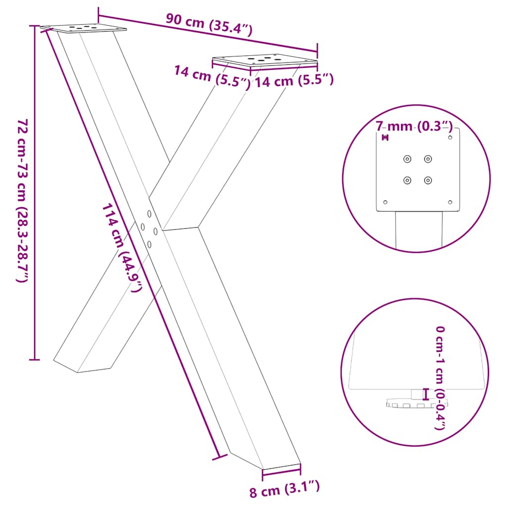 vidaXL Dining Table Legs X-Shaped 2 pcs Natural Steel 90x(72-73) cm Steel