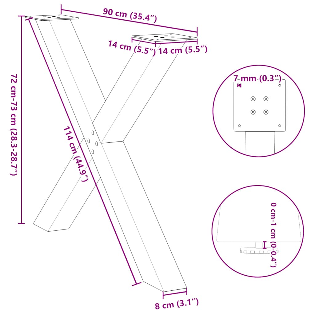 vidaXL Dining Table Legs X-Shaped 3 pcs Natural Steel 90x(72-73) cm Steel
