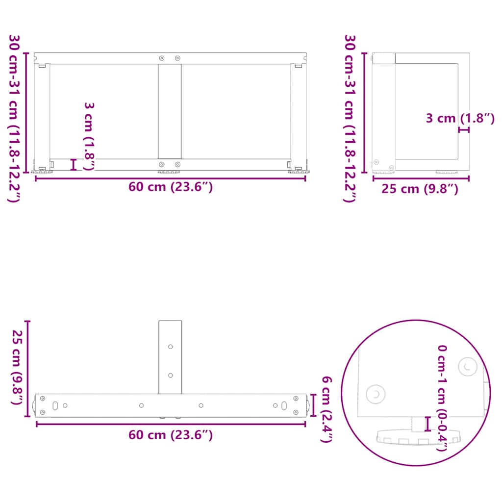 vidaXL Coffee Table Legs T-Shaped 2 pcs Black 60x25x(30-31) cm Steel