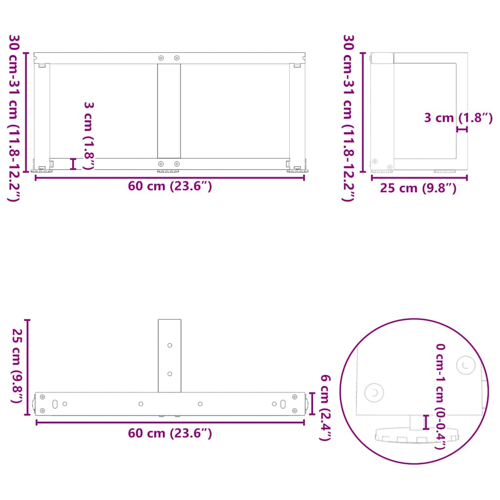 vidaXL Coffee Table Legs T-Shaped 2 pcs White 60x25x(30-31) cm Steel