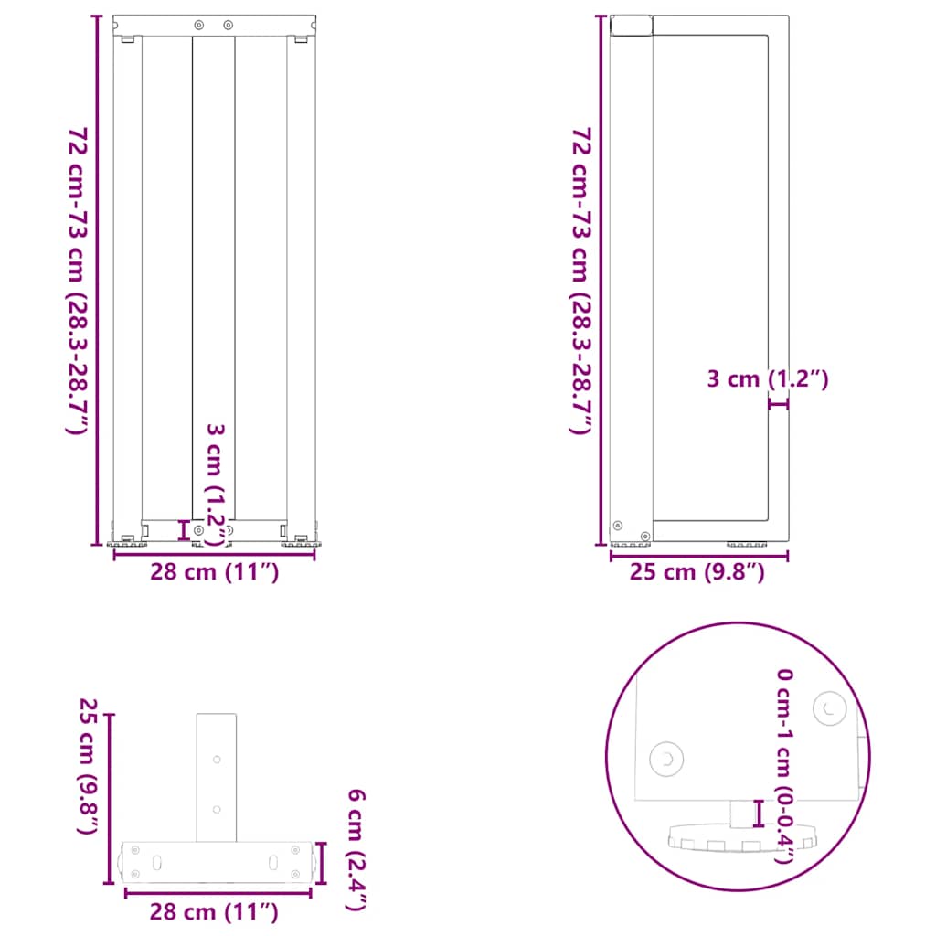 vidaXL Console Table Legs T-Shaped 2 pcs White 25x28x(72-73) cm Steel