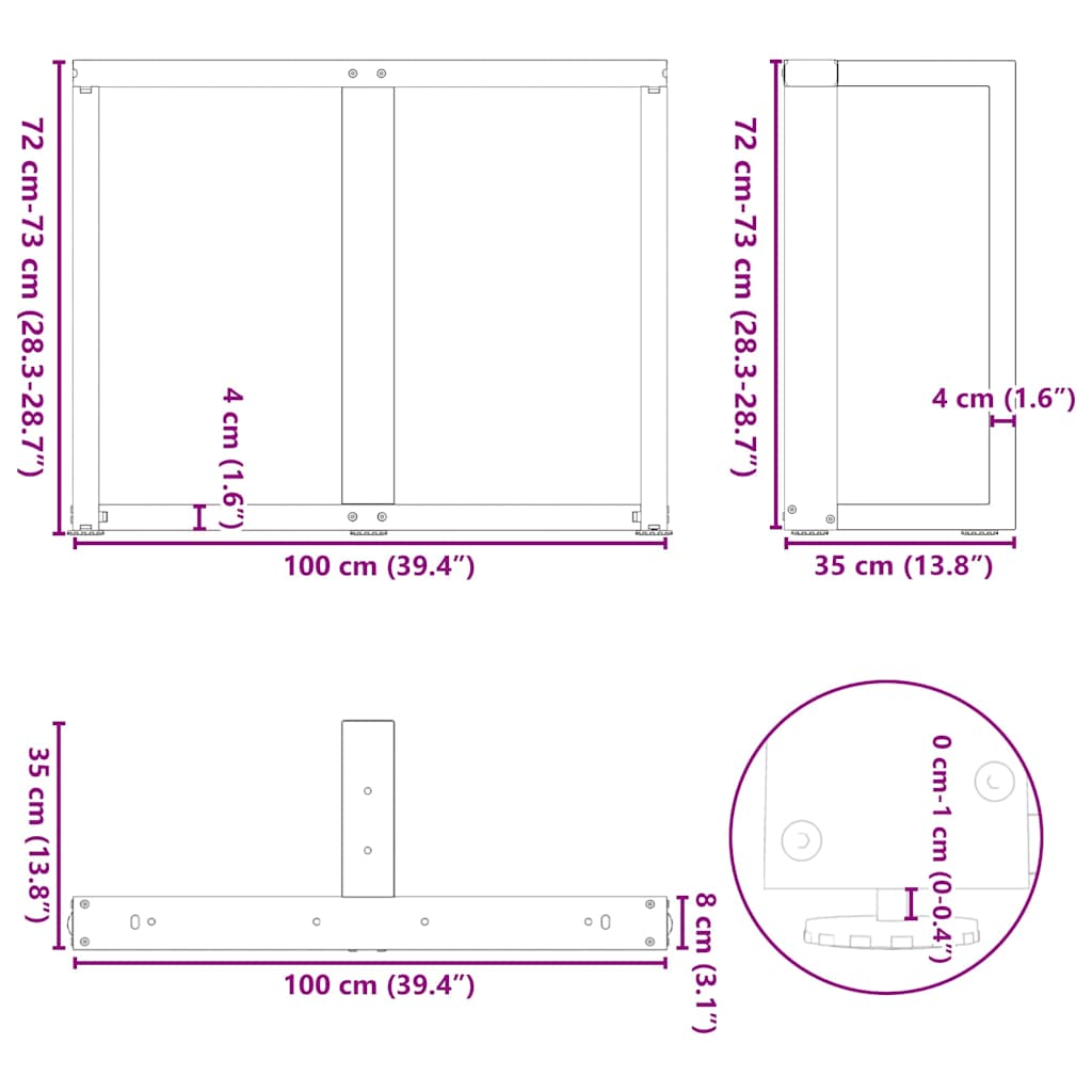 vidaXL Dining Table Legs T-Shaped 2 pcs Black 100x35x(72-73) cm Steel