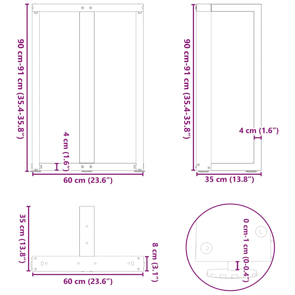 vidaXL Bar Table Legs T-Shaped 2 pcs Black 60x35x(90-91) cm Steel