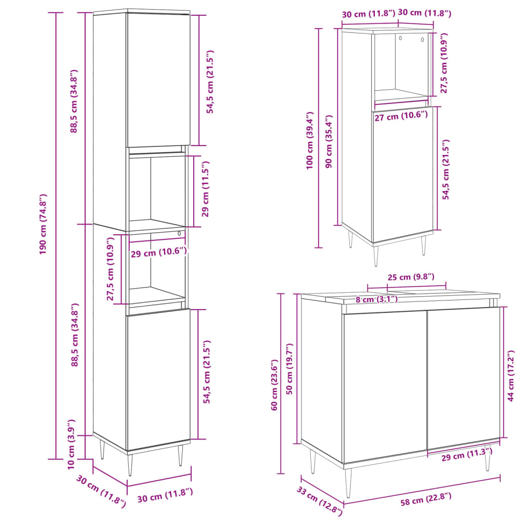 vidaXL 3 Piece Bathroom Furniture Set Sonoma Oak Engineered Wood