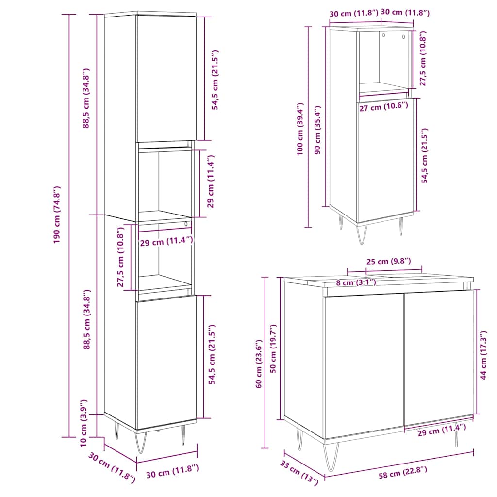 vidaXL 3 Piece Bathroom Furniture Set Sonoma Oak Engineered Wood