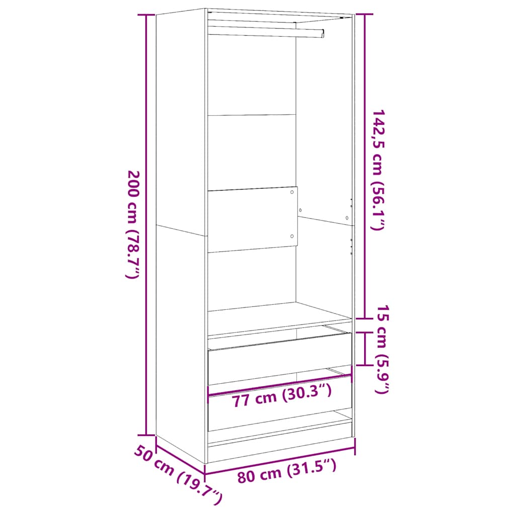 vidaXL Wardrobe Grey Sonoma 80x50x200 cm Engineered Wood